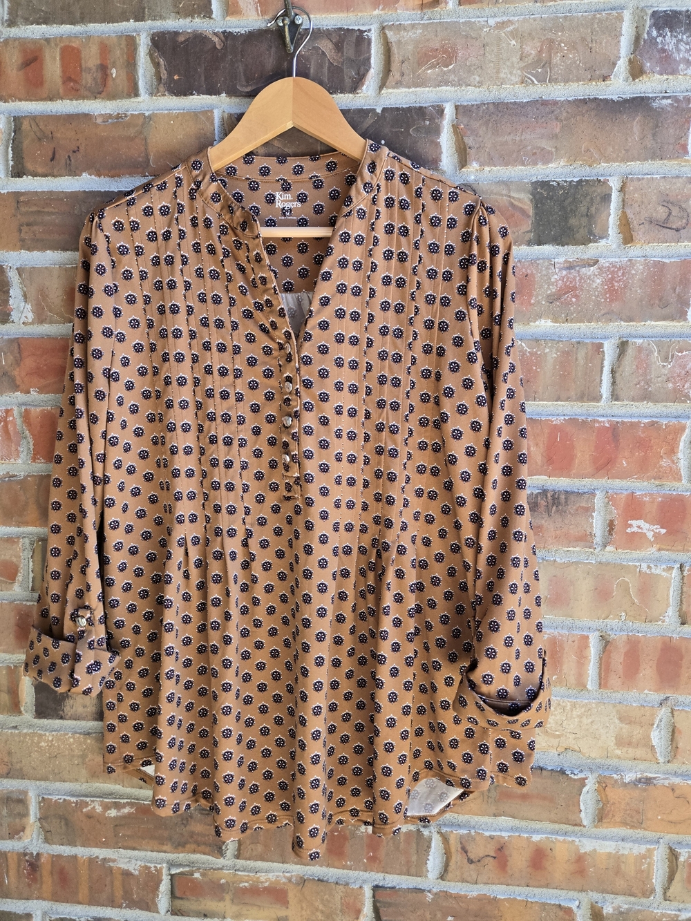 Kim Rogers Camel Brown Blouse with Black Floral Dots Flowy Casual Layering
